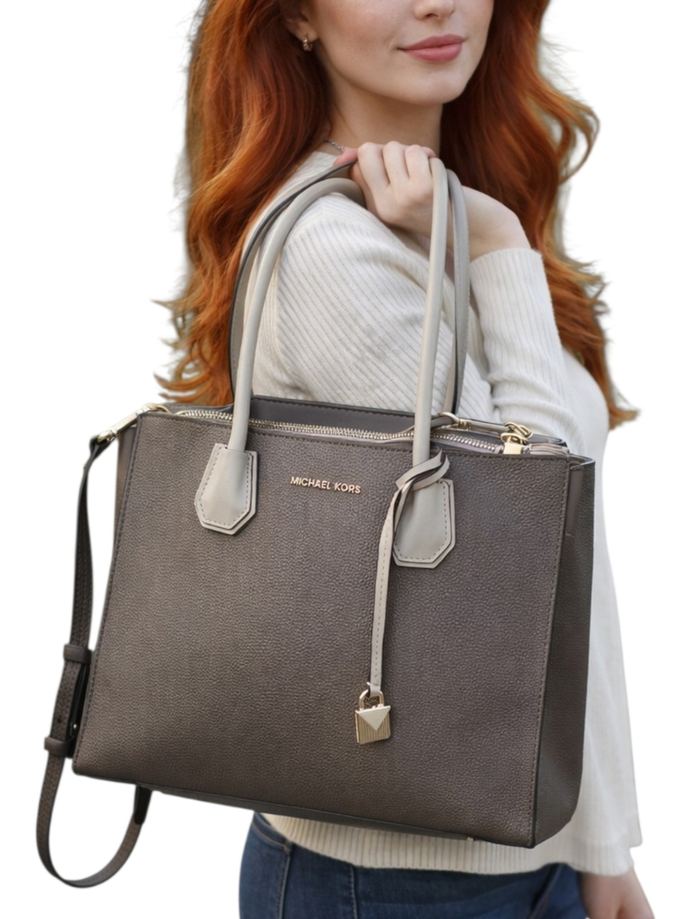 Michael Kors Pebbled Leather Tote Satchel Gray Dual Handle Crossbody NWOT